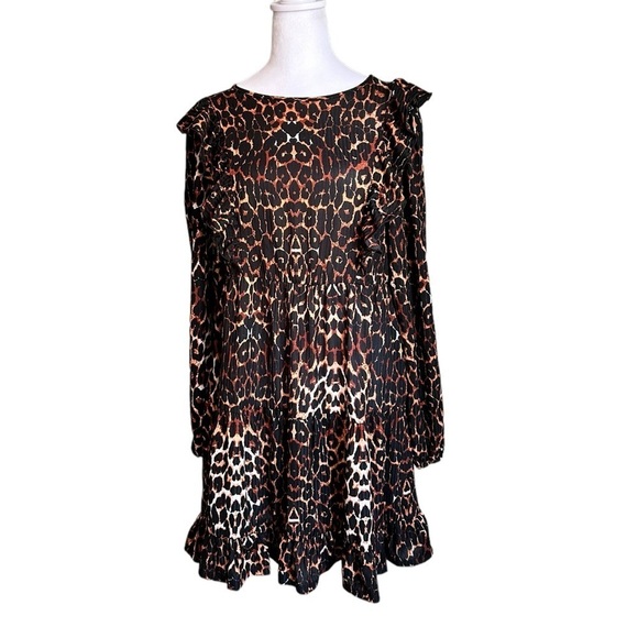 ASOS DESIGN Frill Front Long Sleeve Mini Smock Dress Leopard Print Size 12 - Picture 4 of 17